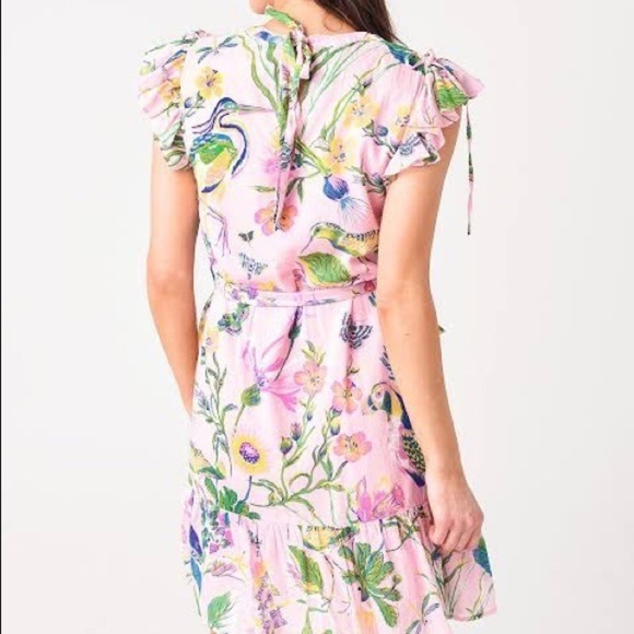 BANJANAN WOMEN'S LILIAN DRESS PINK FLORAL BIRDS BUTTERFLIES RUFFLED DRESS SZ XS - Picture 2 of 10